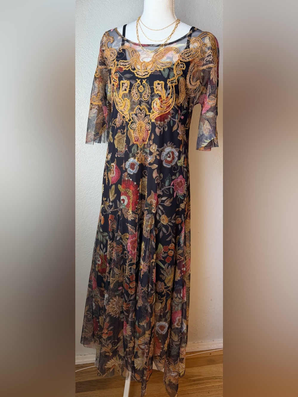 NWOT Johnny Was Floral Embroidered Black Mesh Midi Dress Small